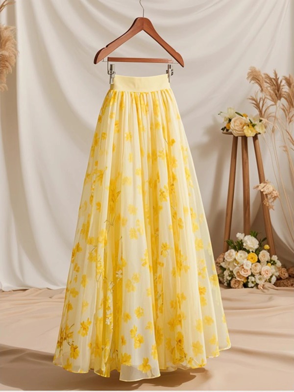 Falda Midi Amarilla de Cintura - Midi Skirt Floral reseña y precio
